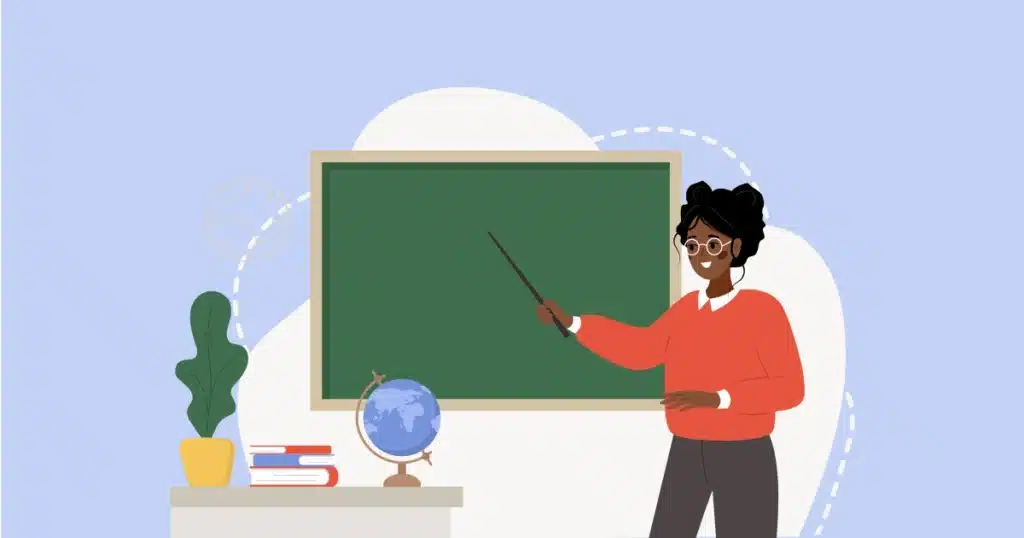 elementary school teacher in the classroom, at the chalkboard, vector illustration